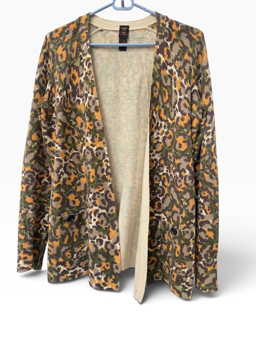 Lucky Brand Orange Green Leopard-Print Cardigan Sweater size L